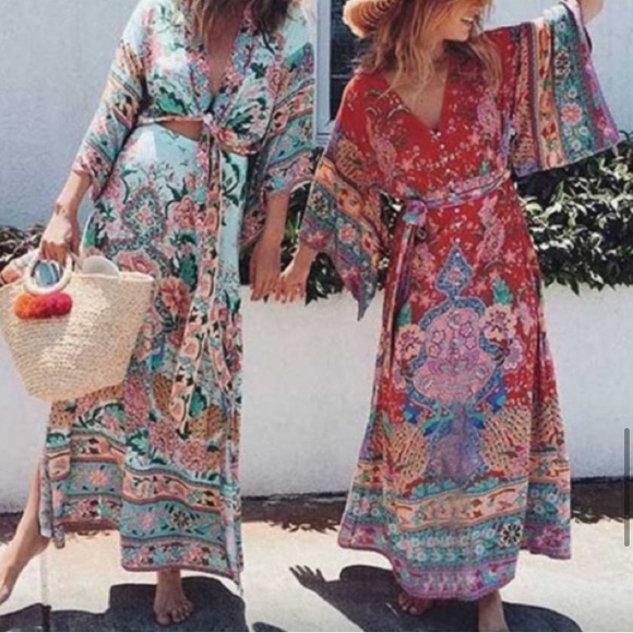 ❤️ BOHO RED FLORAL KAFTAN DRESS - Picture 14 of 17